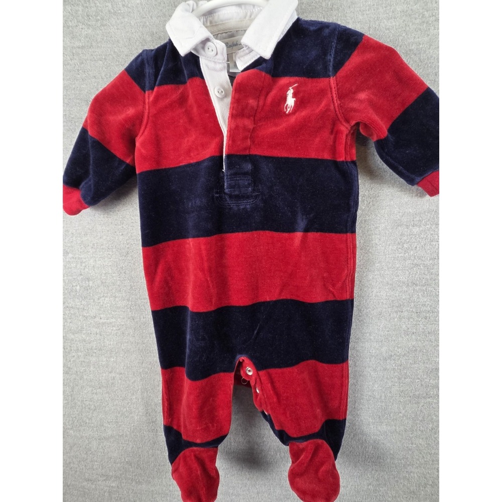 Ralph Lauren Baby Boy 3M One Piece Navy Red Velour Rugby Footed Romper Snap Pony